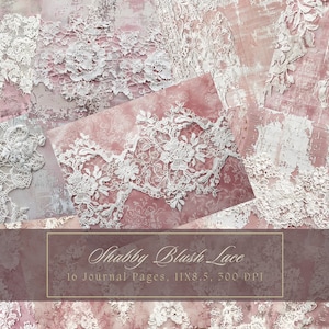 Kit de journal vintage en dentelle, feuille de collage shabby chic, fleur blanche imprimable, papier numérique, scrapbooking, pages florales, éphémères roses délavées