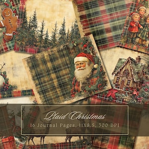 Kariert Weihnachten Junk Journal Kit Noel Hintergründe Vintage Ephemera Winter Digitales Papier Scrapbooking Shabby Chic Weihnachtsmann Collage Sheets