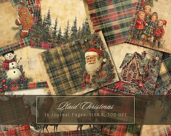 May include: A set of 16 digital journal pages featuring a plaid Christmas theme. The pages include images of Santa Claus, a gingerbread man, a snowman, a Christmas house, and a group of children singing carols. The pages are 11x8.5 inches and 300 DPI.