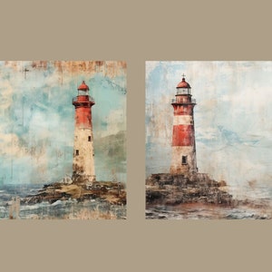 May include: Two paintings of red and white lighthouses on rocky islands in a blue sea with white clouds in the sky. The paintings have a vintage, distressed look.