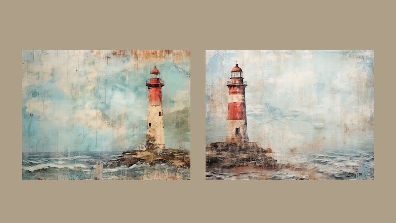 May include: Two paintings of red and white lighthouses on rocky islands in a blue sea with white clouds in the sky. The paintings have a vintage, distressed look.