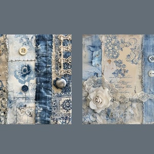 May include: Two blue and white fabric art pieces with lace, buttons, and floral patterns. The pieces are framed and have a rustic, vintage aesthetic.