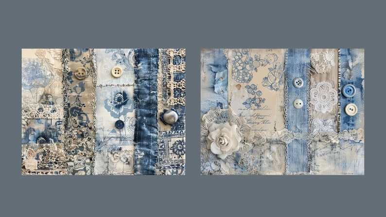 May include: Two blue and white fabric art pieces with lace, buttons, and floral patterns. The pieces are framed and have a rustic, vintage aesthetic.