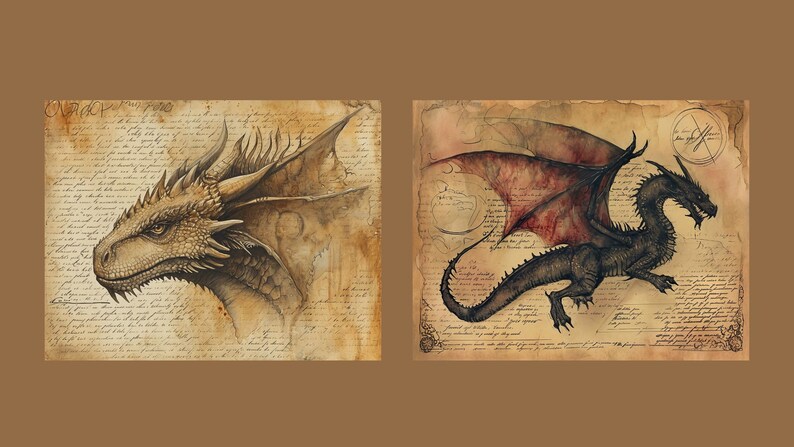 May include: Two dragons drawn on parchment paper. The first dragon is a close-up of the head and neck of a light brown dragon with a spiky crest. The second dragon is a black dragon with red wings, drawn in profile, flying with its wings spread.