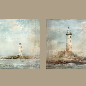 May include: Two vintage-style paintings of lighthouses on rocky islands in the ocean. The lighthouses are white with red accents and are surrounded by blue water and a cloudy sky.