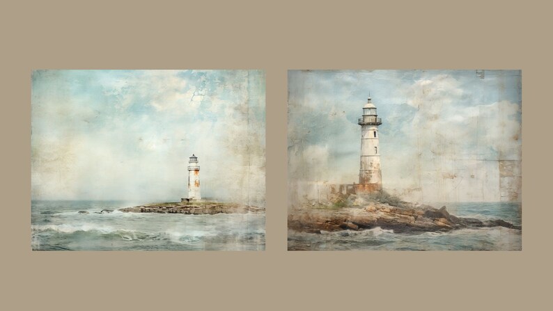 May include: Two vintage-style paintings of lighthouses on rocky islands in the ocean. The lighthouses are white with red accents and are surrounded by blue water and a cloudy sky.