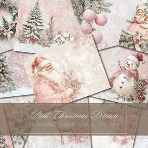 Kit de carnet de notes de Noël rose bonhomme de neige vintage éphémères père Noël journal papier numérique Scrapbooking pages rustiques imprimables shabby chic