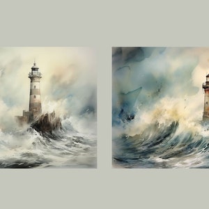 May include: Two watercolor paintings of lighthouses standing tall against a stormy sea. The first lighthouse is white with black stripes and the second is gray with red accents. Both lighthouses are surrounded by large waves crashing against the rocks.