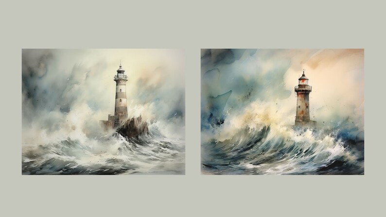 May include: Two watercolor paintings of lighthouses standing tall against a stormy sea. The first lighthouse is white with black stripes and the second is gray with red accents. Both lighthouses are surrounded by large waves crashing against the rocks.