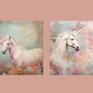 May include: Two digital art prints featuring white unicorns with silver horns against a colorful, abstract background. The unicorn on the left is in a field of flowers, while the unicorn on the right is in a more abstract setting.