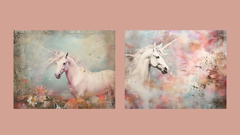May include: Two digital art prints featuring white unicorns with silver horns against a colorful, abstract background. The unicorn on the left is in a field of flowers, while the unicorn on the right is in a more abstract setting.