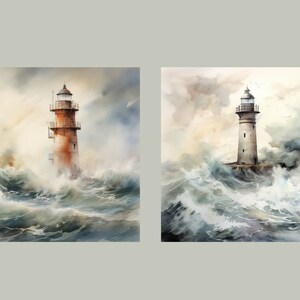 May include: Two watercolor paintings of lighthouses in a stormy sea. The lighthouse on the left is red and the lighthouse on the right is white.