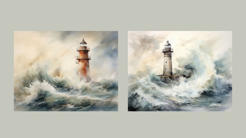 May include: Two watercolor paintings of lighthouses in a stormy sea. The lighthouse on the left is red and the lighthouse on the right is white.