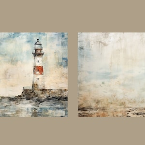 May include: Two watercolor paintings of lighthouses on a rocky shore with a blue sky and white clouds. The lighthouse on the left is red and white, while the lighthouse on the right is white.