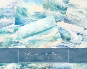 Watercolor Ocean Junk Journal Kit Blue Waves Journal Pages Water Digital Paper for Scrapbooking Tropical Journal Paper Printable
