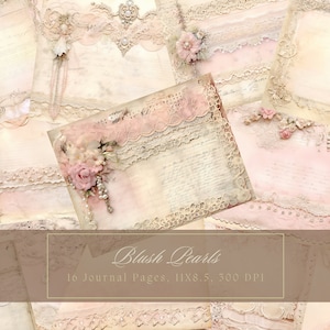 Feuilles de collage éphémères en dentelle rose vintage shabby chic, fleurs blanches, papier numérique imprimable pour scrapbooking, pages florales perlées
