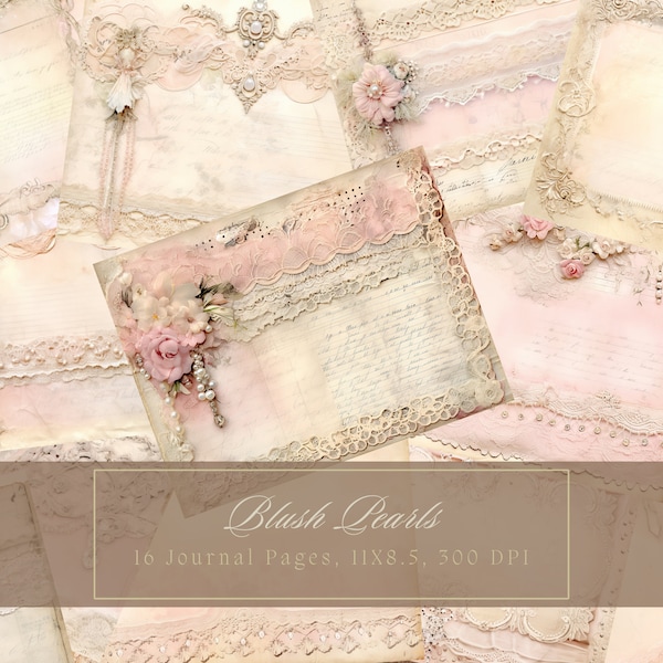 Shabby Chic Junk Journal Kit Pink Vintage Lace Ephemera Collage Sheets Printable White Flower Digital Paper Scrapbooking Pearl Floral Pages