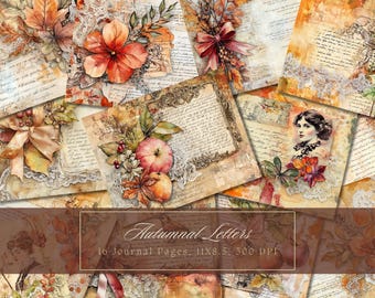 May include: 16 digital journal pages with an autumnal theme. The pages feature handwritten text, lace, autumn leaves, flowers, and a vintage portrait of a woman. The text on the pages reads "Autumnal Letters".