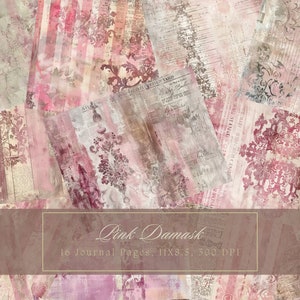 Rosa Faded Damask Junk Journal Kit Shabby Chic Collage Sheets Druckbare alte Seiten Digitales Papier Scrapbooking Hintergründe Vintage Ephemera
