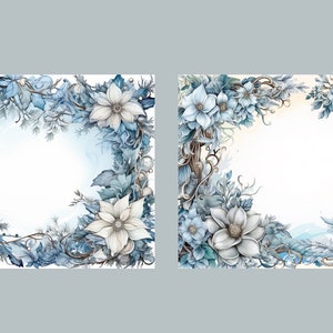 May include: Two watercolor illustrations of floral wreaths with a white background. The wreaths are made of blue and white flowers and leaves. The wreaths are arranged in a square shape with a blank space in the center.