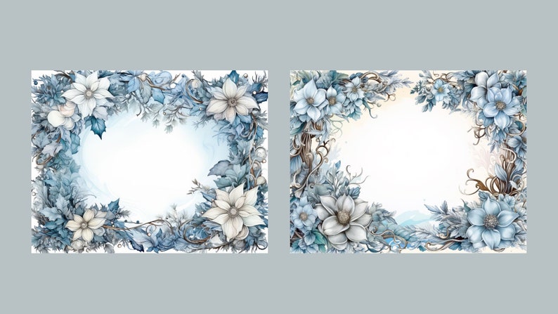 May include: Two watercolor illustrations of floral wreaths with a white background. The wreaths are made of blue and white flowers and leaves. The wreaths are arranged in a square shape with a blank space in the center.