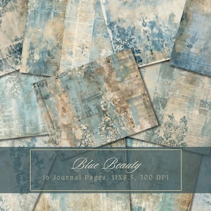 Blauwe vintage ongewenste dagboek Kit digitale papier textuur grunge scrapbooking damast ephemera shabby pagina's vervaagde collage vellen Instant Download