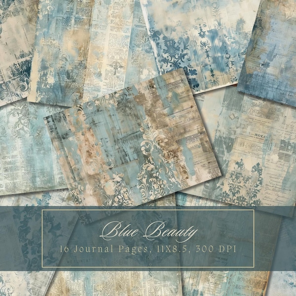 Blue Vintage Junk Journal Kit Digital Paper Texture Grunge Scrapbooking Damask Ephemera Shabby Pages Faded Collage Sheets Instant Download