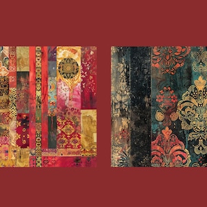 Puede incluir: Dos muestras de tela con patrones coloridos y un aspecto vintage y desgastado. La tela de la izquierda es un mosaico de diferentes patrones y colores, mientras que la tela de la derecha tiene un dise&ntilde;o m&aacute;s unificado con un fondo azul oscuro y detalles dorados.