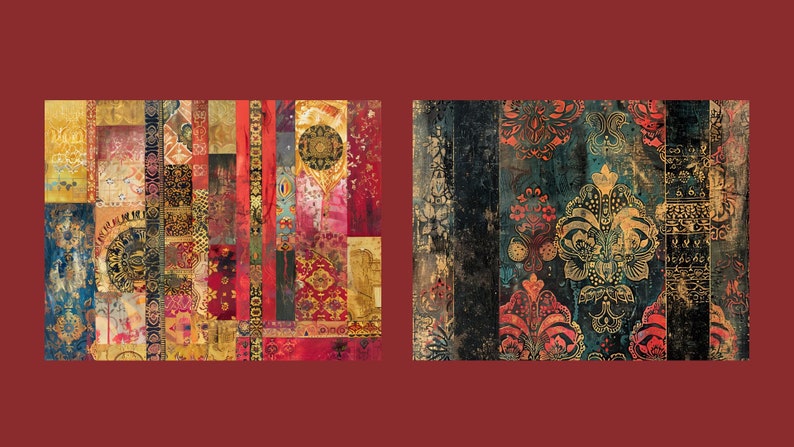Puede incluir: Dos muestras de tela con patrones coloridos y un aspecto vintage y desgastado. La tela de la izquierda es un mosaico de diferentes patrones y colores, mientras que la tela de la derecha tiene un dise&ntilde;o m&aacute;s unificado con un fondo azul oscuro y detalles dorados.