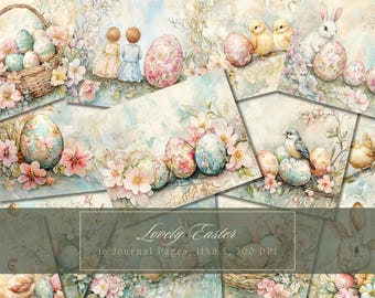 Kit de journal de Pâques à l'aquarelle vintage oeufs de Pâques journal lapin éphémères papier numérique pour scrapbooking lapin pastel pages imprimables