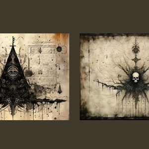 May include: Two black and white illustrations on a parchment background. The first illustration features a skull in a triangle with a cross at the top. The second illustration features a skull in the center of a tree-like design.