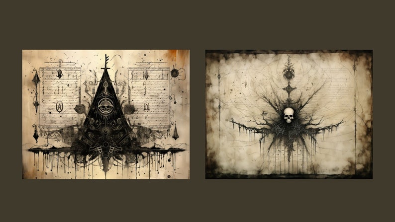 May include: Two black and white illustrations on a parchment background. The first illustration features a skull in a triangle with a cross at the top. The second illustration features a skull in the center of a tree-like design.