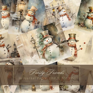 May include: A collection of watercolor illustrations featuring snowmen in a winter setting. Each snowman wears a top hat and a scarf, set against snowy backgrounds with buildings and street lamps. The text "Frosty Friends" is displayed.