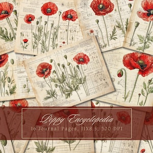 Mohn Junk Journal Kit Vintage Ephemera Journal Mohnblumen Digitales Papier für Scrapbooking Floral Printable Shabby Seiten Sofort Download