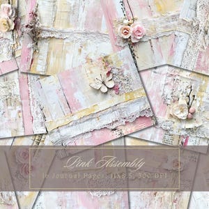 Kit de diario basura Shabby Chic, hojas de collage de efímeras de encaje vintage rosa, papel digital imprimible de flores blancas, páginas florales perladas para scrapbooking