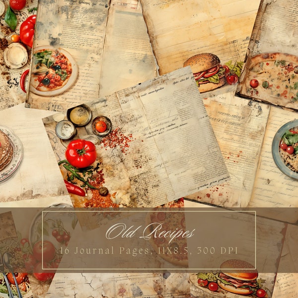 Vintage Recipe Junk Journal Kit Food Shabby Pages Grunge Digital Paper for Scrapbooking Blank Journal Pages Recipes Empty Page Shabby Chic