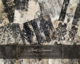 Dark Damask Junk Journal Kit Black Shabby Chic Collage Sheets Printable Old Pages Digital Paper Scrapbooking Backgrounds Vintage Ephemera