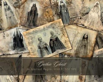 Kit de diario basura de fantasmas góticos, acuarela, victoriano, páginas espeluznantes para imprimir, papel digital de Halloween, hojas de collage de esqueletos oscuros