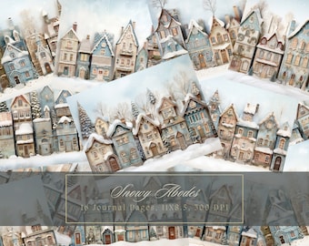 May include: A digital paper pack with 16 pages featuring illustrations of snowy, blue and white houses. The text "Snowy Abodes" and "16 Journal Pages, 11X8.5, 300 DPI" is included in the image.