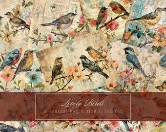 Watercolor Birds and Flowers Junk Journal Kit Vintage Ephemera Journal Digital Paper Scrapbooking Printable Collage Sheets Commercial Use