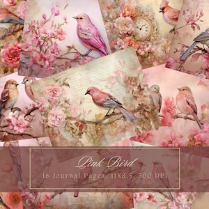 Kit de journal indésirable rose oiseaux et fleurs vintage journal éphémère papier numérique Scrapbooking feuilles de collage floral imprimable usage Commercial