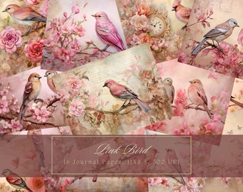 Pink Birds and Flowers Junk Journal Kit Vintage Ephemera Journal Digital Paper Scrapbooking Printable Floral Collage Sheets Commercial Use