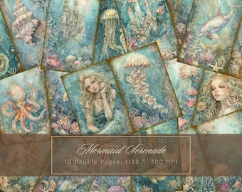 Meerjungfrau Junk Journal Kit Ozean Digitales Papier Scrapbooking Aquarell Meer Digitales Papier Marine Journal Doppelseiten Unterwasser druckbare Seite