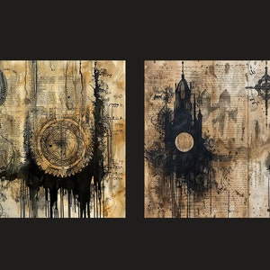 May include: Two abstract paintings on canvas with a vintage, aged paper background. The paintings feature black ink and paint splatters, with a black silhouette of a building in the right painting. The left painting features a compass and other geometric shapes.