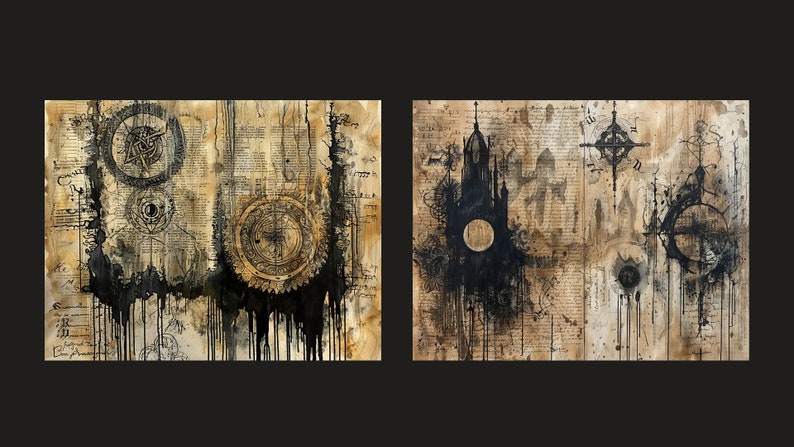 May include: Two abstract paintings on canvas with a vintage, aged paper background. The paintings feature black ink and paint splatters, with a black silhouette of a building in the right painting. The left painting features a compass and other geometric shapes.