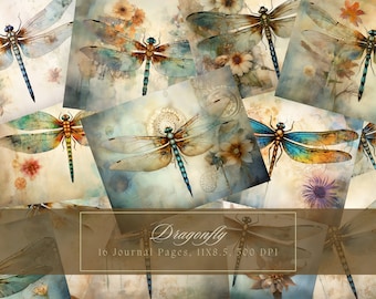 Watercolor Dragonfly Junk Journal Kit Vintage Digital Papers Bohemian Printable Page Scrapbooking Dragonflies Shabby Chic Instant Download