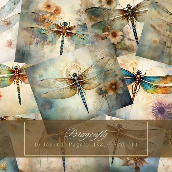 Watercolor Dragonfly Junk Journal Kit Vintage Digital Papers Bohemian Printable Page Scrapbooking Dragonflies Shabby Chic Instant Download