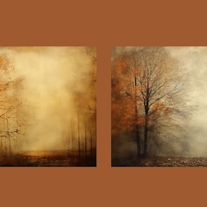 Puede incluir: Dos pinturas de una escena de bosque en oto&ntilde;o. La pintura de la izquierda muestra un bosque amarillo dorado con un solo &aacute;rbol en primer plano. La pintura de la derecha muestra un bosque gris con un solo &aacute;rbol en primer plano.