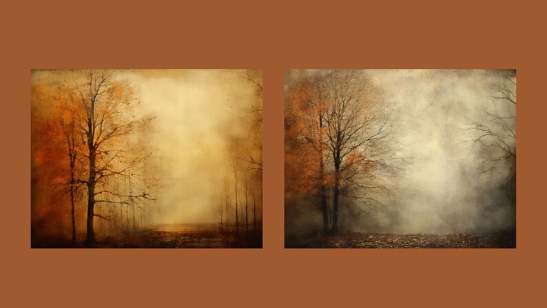 Puede incluir: Dos pinturas de una escena de bosque en oto&ntilde;o. La pintura de la izquierda muestra un bosque amarillo dorado con un solo &aacute;rbol en primer plano. La pintura de la derecha muestra un bosque gris con un solo &aacute;rbol en primer plano.