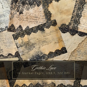 Zestaw dziennika Gothic Lace Junk Vintage Shabby Chic Collage Sheets do druku Czarny Grunge Cyfrowy papier Strony do scrapbookingu Halloween Ephemera